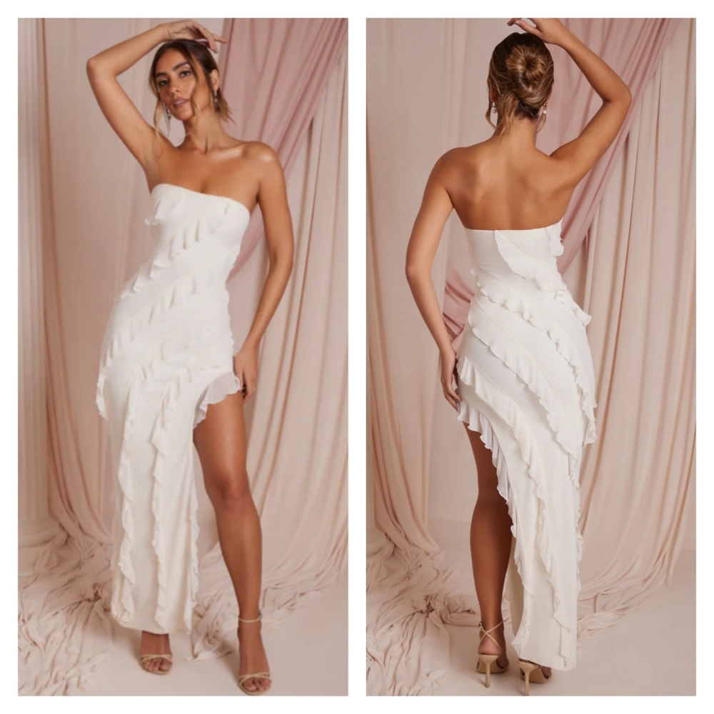 Oh Polly Bandeau Ruffle Detail Maxi Dress - Ivory